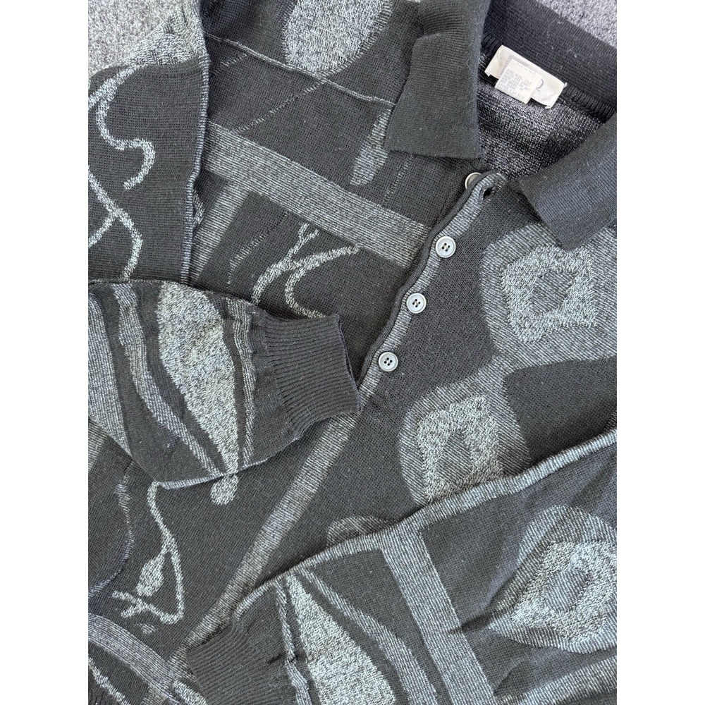 Vintage PELO Abstract Knit Polo Sweater Black Gray Wool Blend Mens L 52